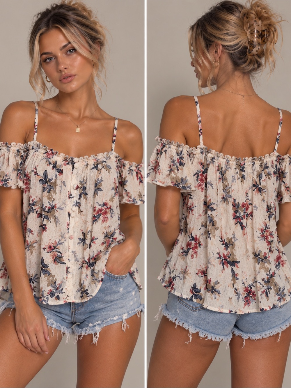 American Eagle Outfitters Cream Floral Off-Shoulder Cami Top